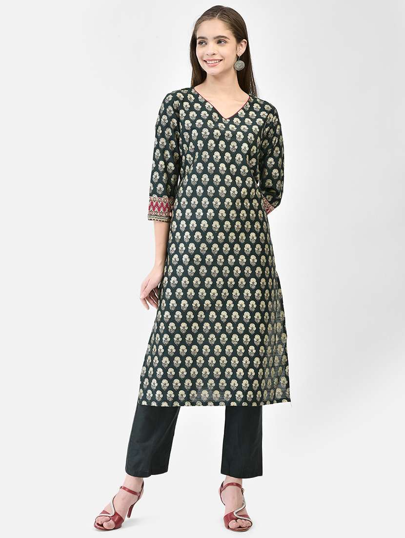 women floral printed three quarter sleeve straight kurta - 22295118 -  Standard Image - 1