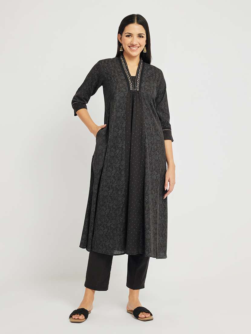 women printed three quarter sleeve a-line kurta - 22295120 -  Standard Image - 1