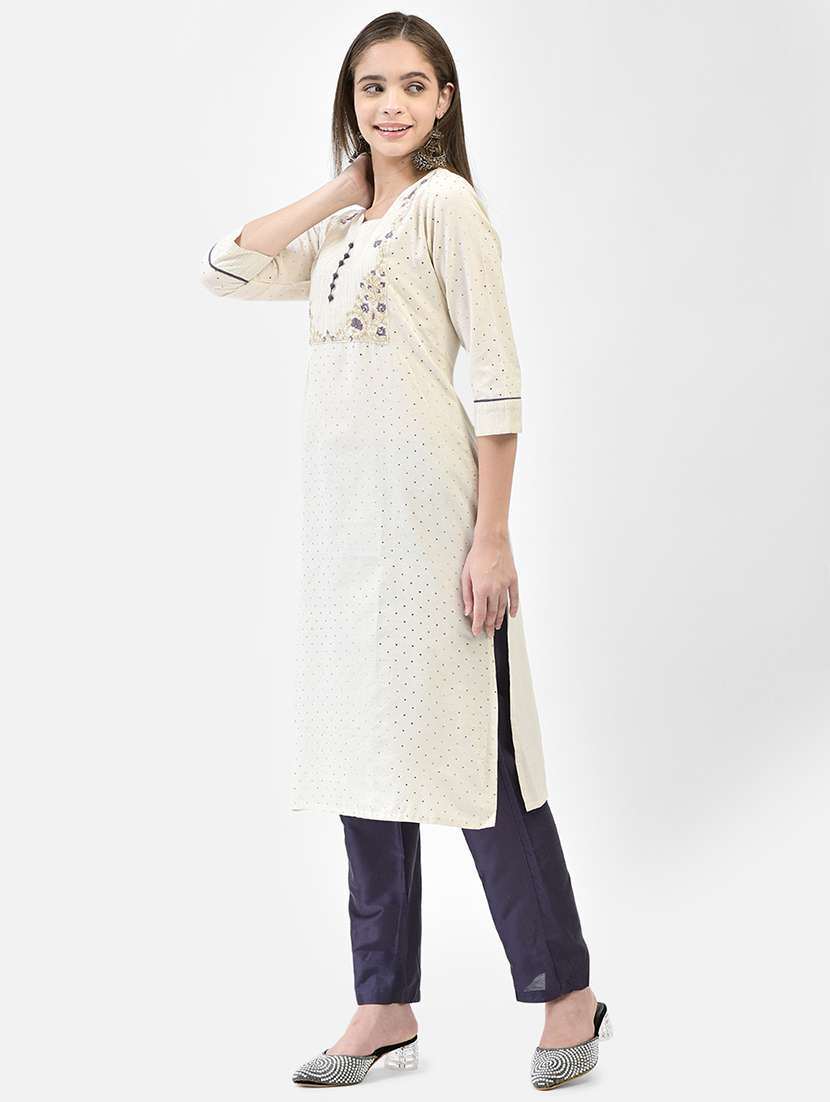 women solid with work three quarter sleeve straight kurta - 22295123 -  Standard Image - 1