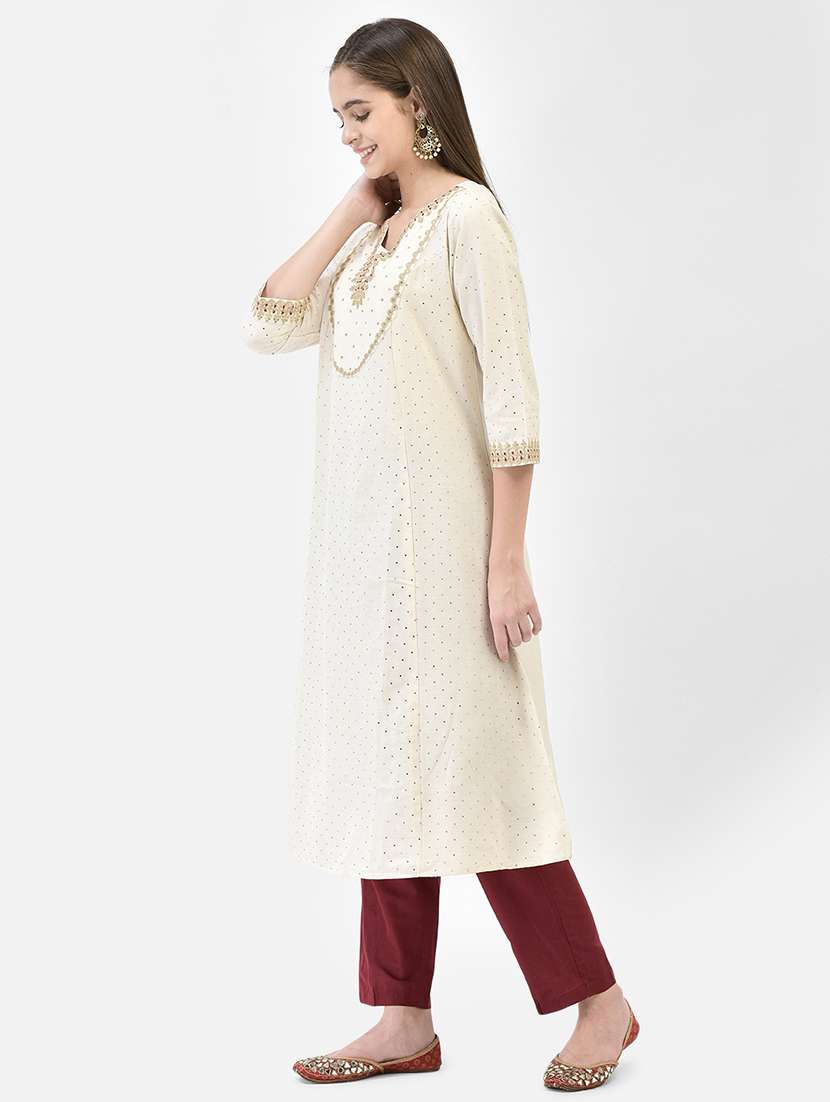 women solid with work three quarter sleeve a-line kurta - 22295125 -  Standard Image - 1