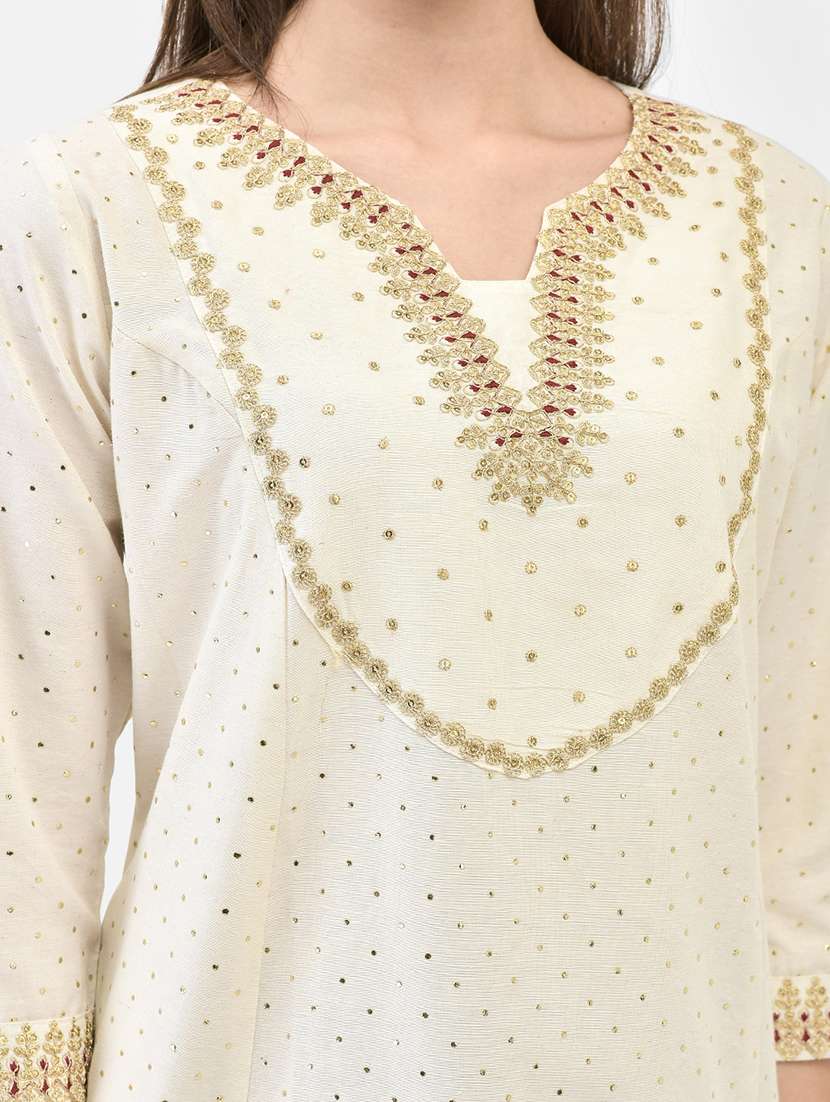 women solid with work three quarter sleeve a-line kurta - 22295125 -  Standard Image - 4