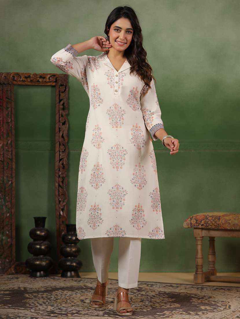 women printed three quarter sleeve straight kurta