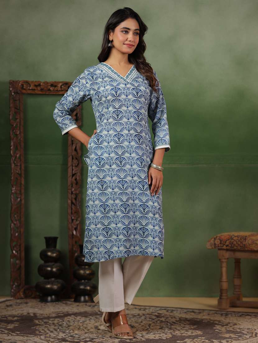women printed three quarter sleeve straight kurta - 22295146 -  Standard Image - 1