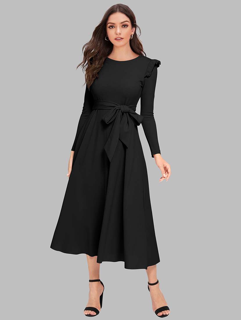 women solid puff sleeve fit & flare dress
