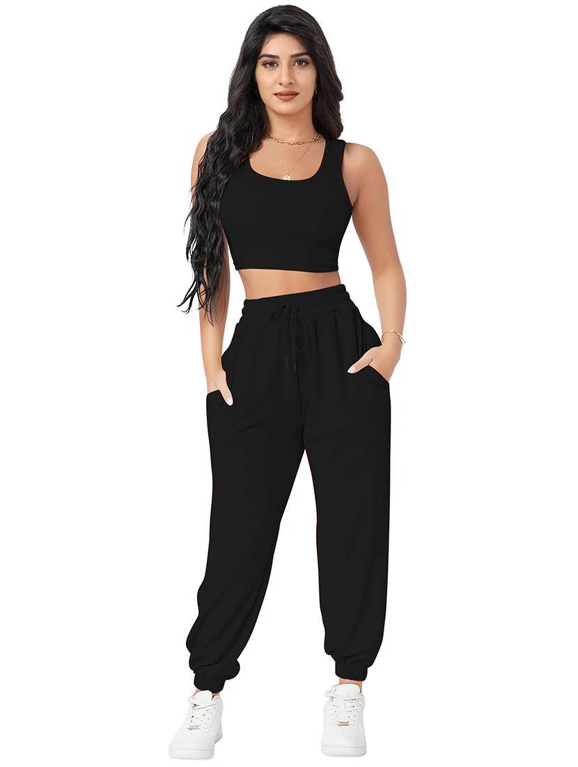 women solid crop t-shirt and jogger co-ord set