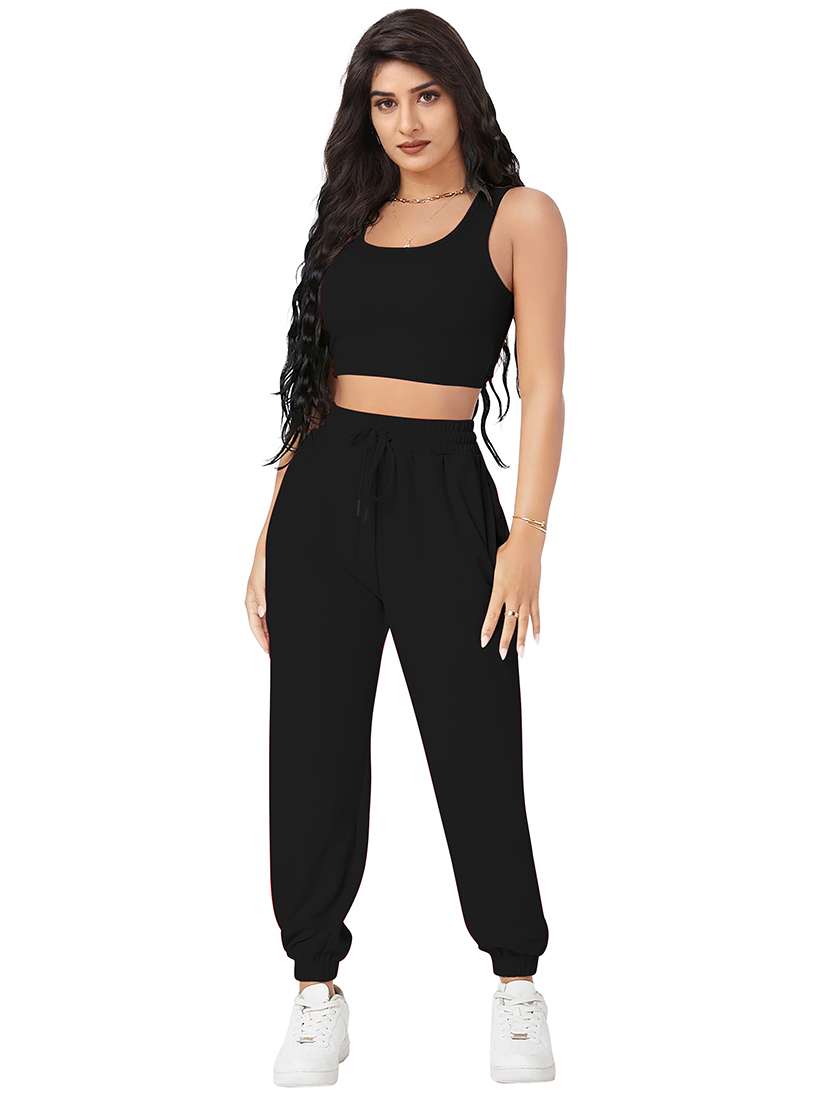 women solid crop t-shirt and jogger co-ord set - 22295182 -  Standard Image - 1