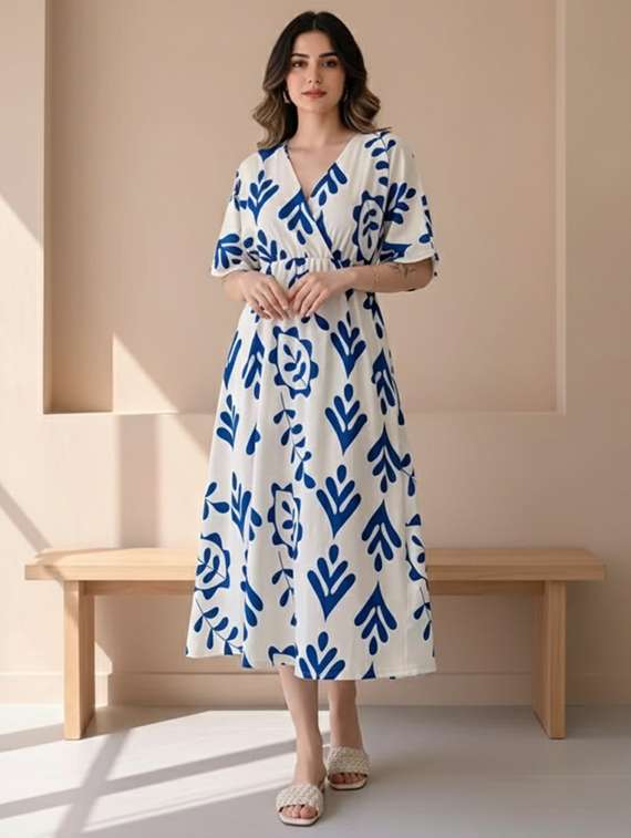 women printed overlap neck short sleeve fit & flare dress