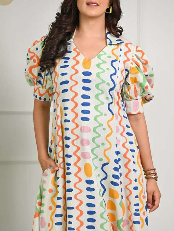 women printed puff sleeve a-line dress - 22295190 -  Standard Image - 4