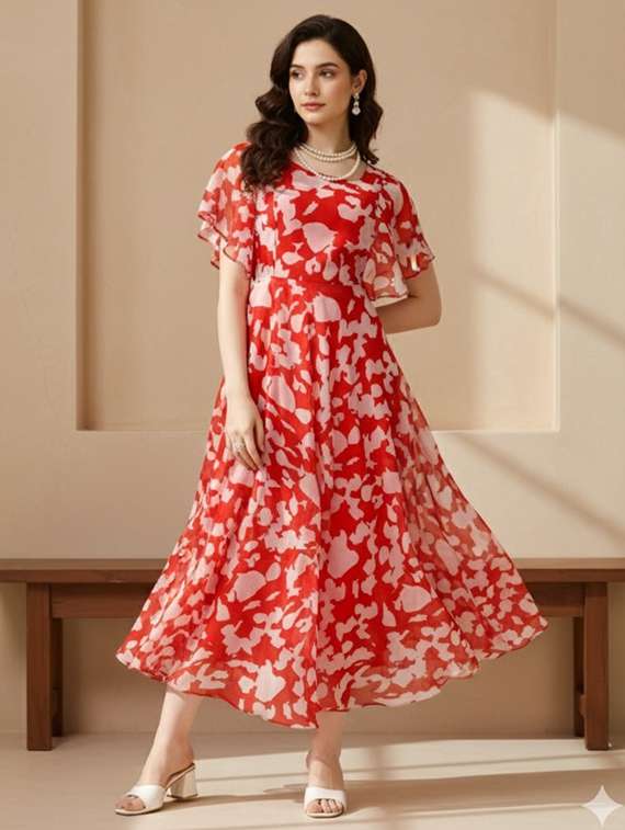 women printed flared sleeve fit & flare dress - 22295193 -  Standard Image - 1