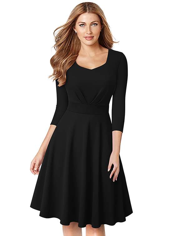 women solid three quarter sleeve fit & flare dress