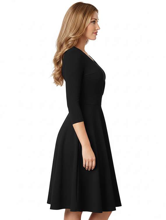 women solid three quarter sleeve fit & flare dress - 22295194 -  Standard Image - 1