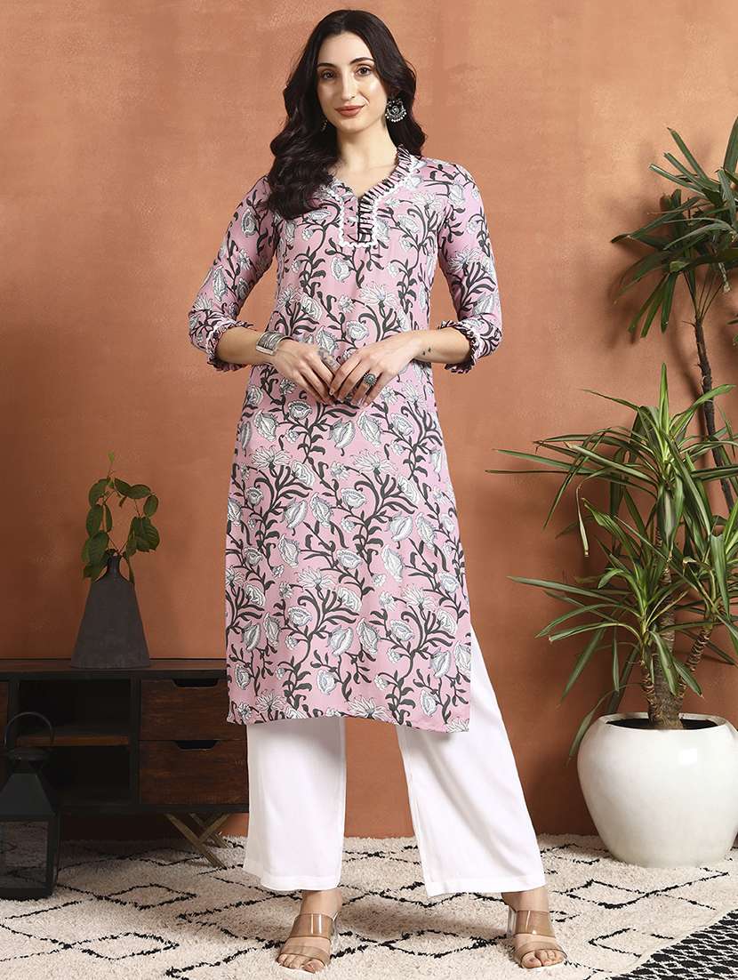 women floral three quarter sleeve straight kurta - 22295609 -  Standard Image - 1