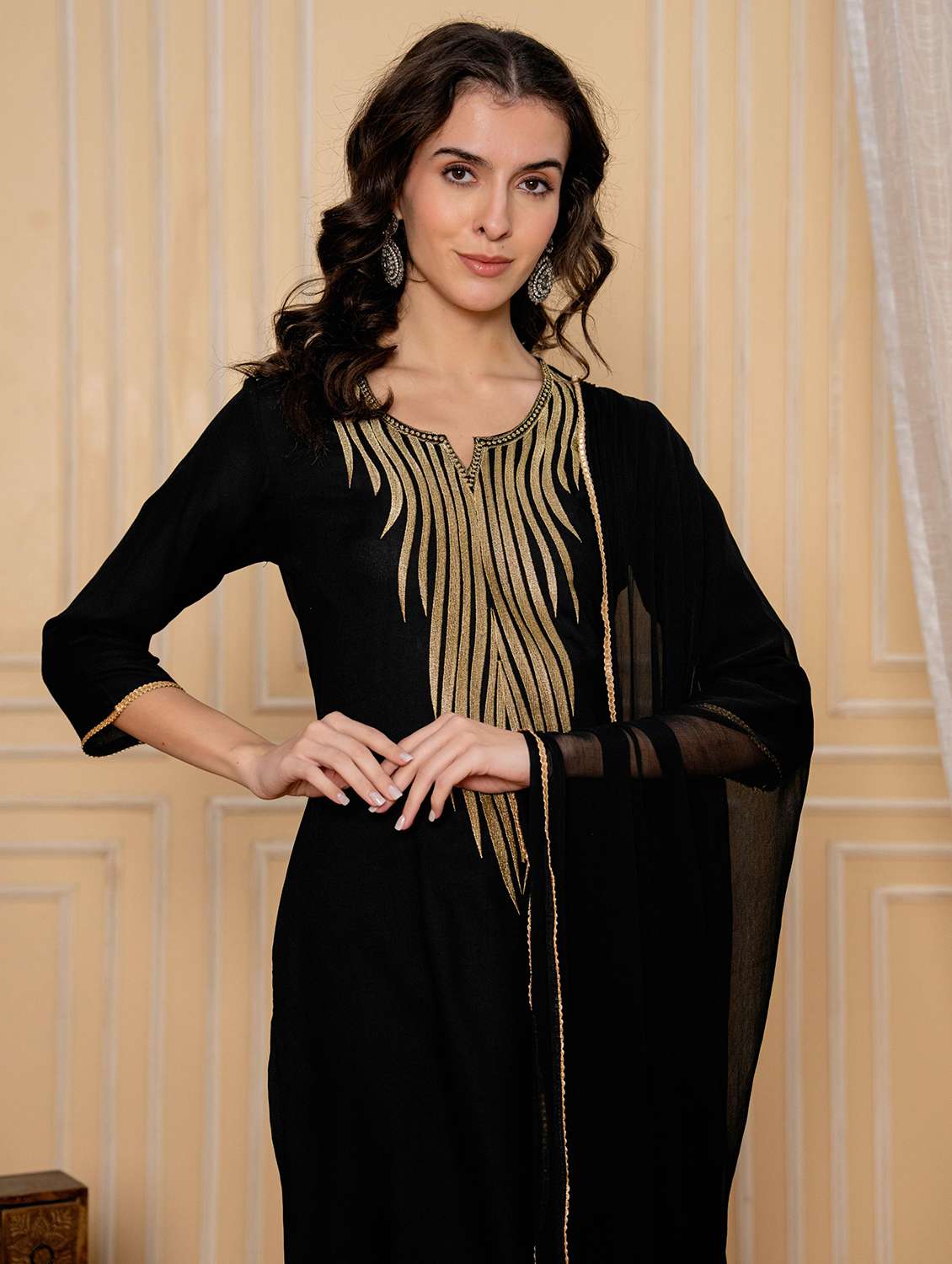 women solid with work three quarter sleeve kurta palazzo with dupatta set - 22295831 -  Standard Image - 1