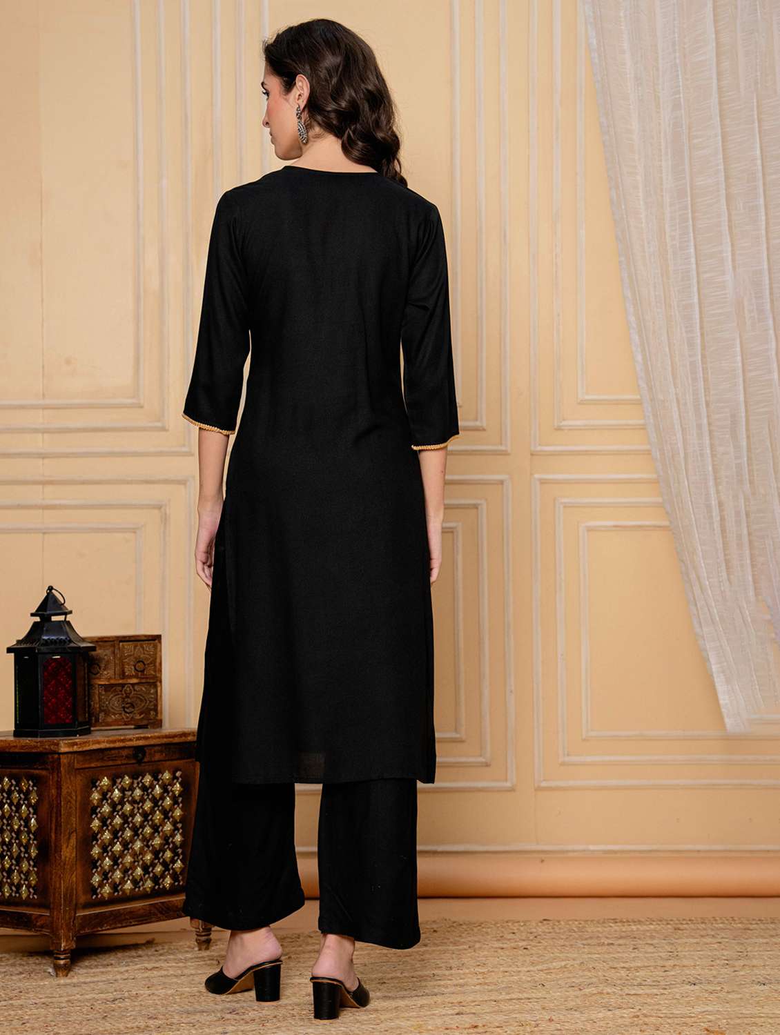 women solid with work three quarter sleeve kurta palazzo with dupatta set - 22295831 -  Standard Image - 4