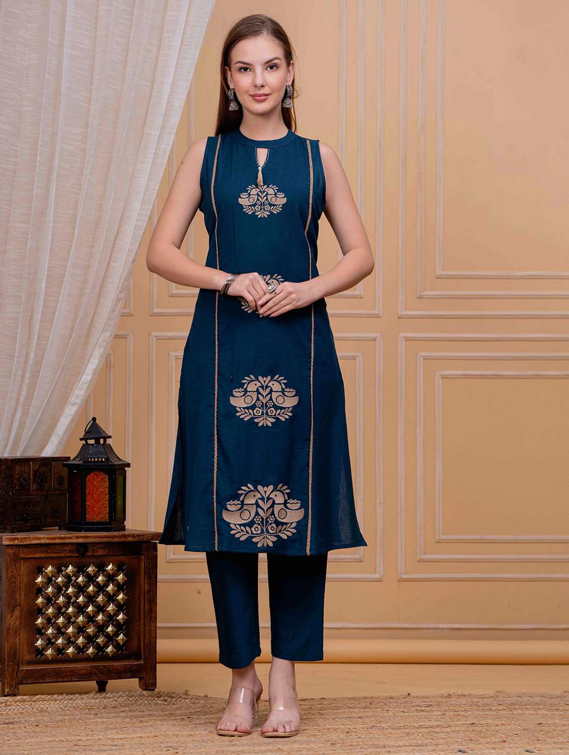 women solid with work sleeveless kurta with pant set - 22295833 -  Standard Image - 1