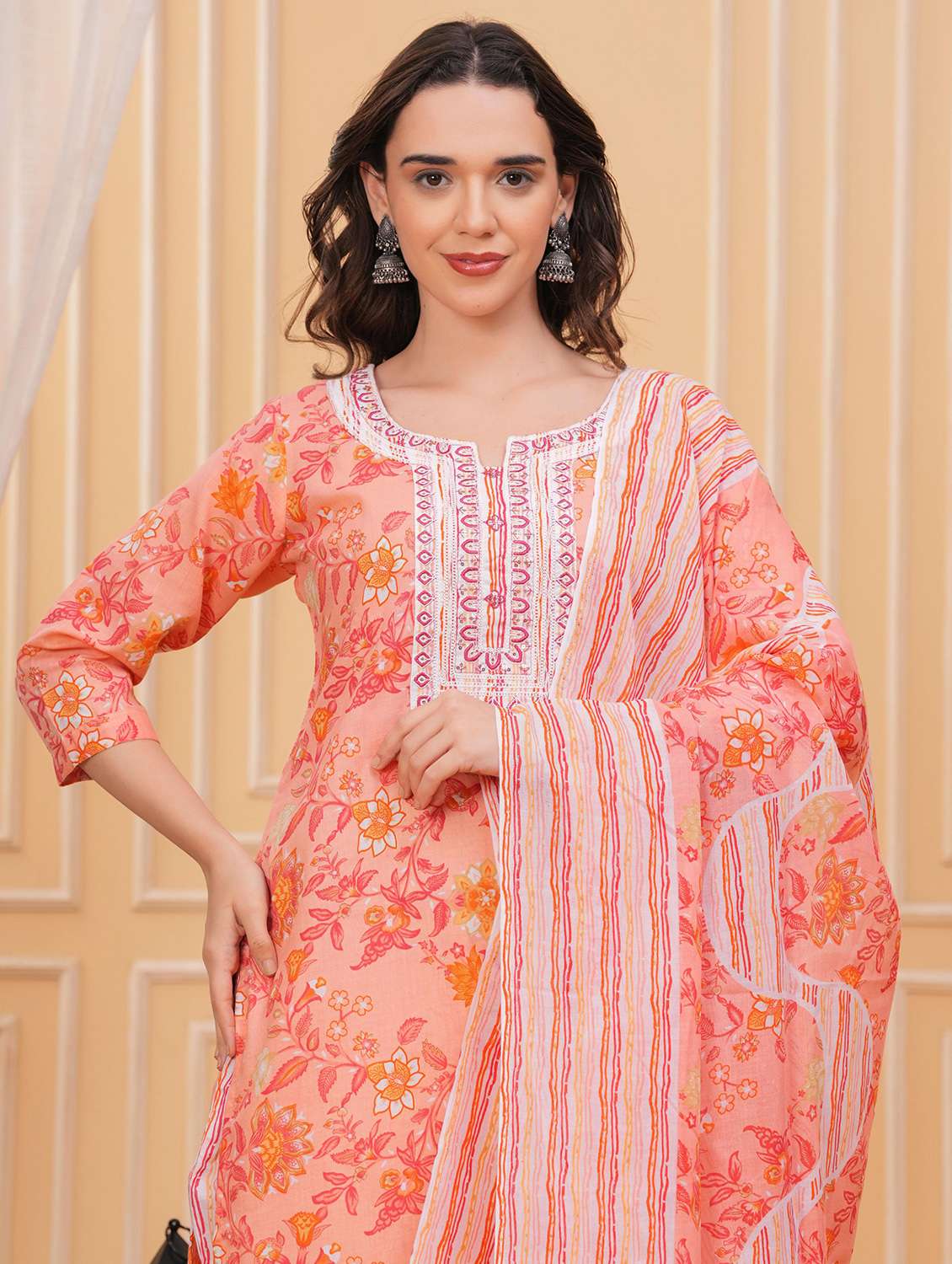 women floral three quarter sleeve kurta pant with dupatta set - 22295836 -  Standard Image - 1
