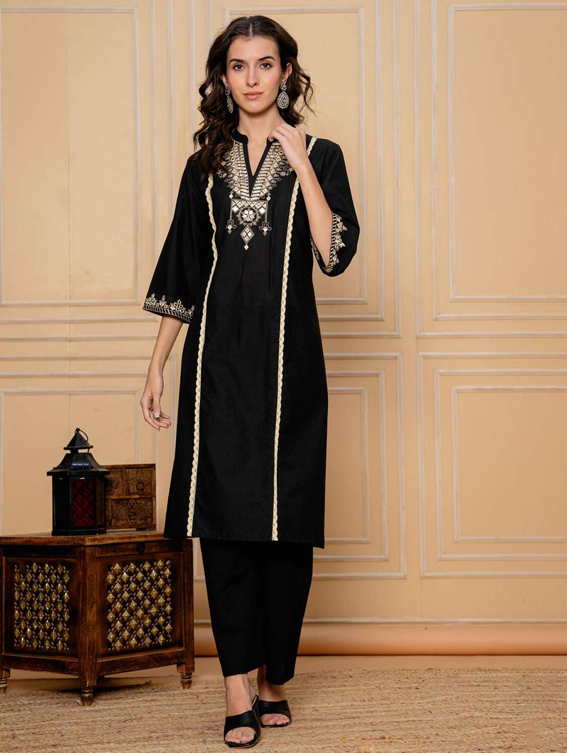 Women Solid With Work Three Quarter Sleeve Kurta Pant Set - 22295838 -  Standard Image - 1