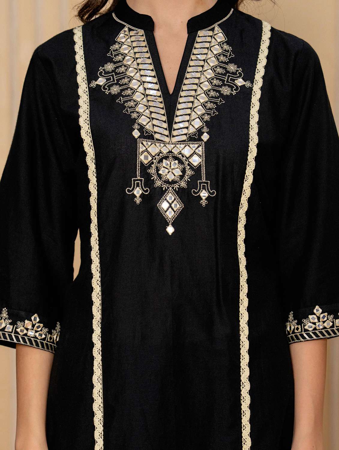 Women Solid With Work Three Quarter Sleeve Kurta Pant Set - 22295838 -  Standard Image - 6