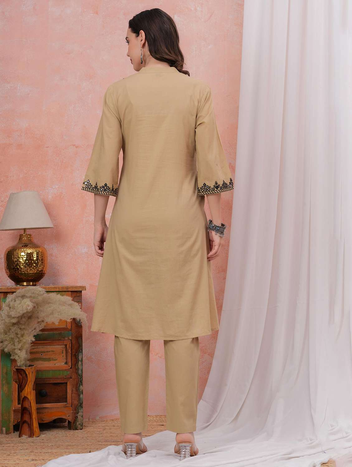 Women Solid With Work Three Quarter Sleeve Kurta Pant Set - 22295839 -  Standard Image - 4