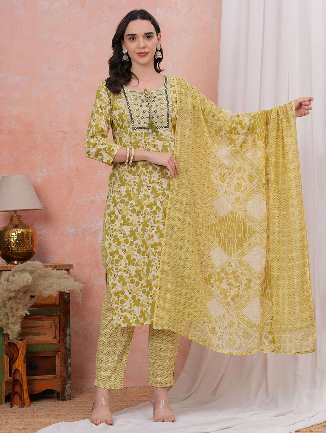 women printed tie-up neck kurta pant with dupatta set - 22295852 -  Standard Image - 1