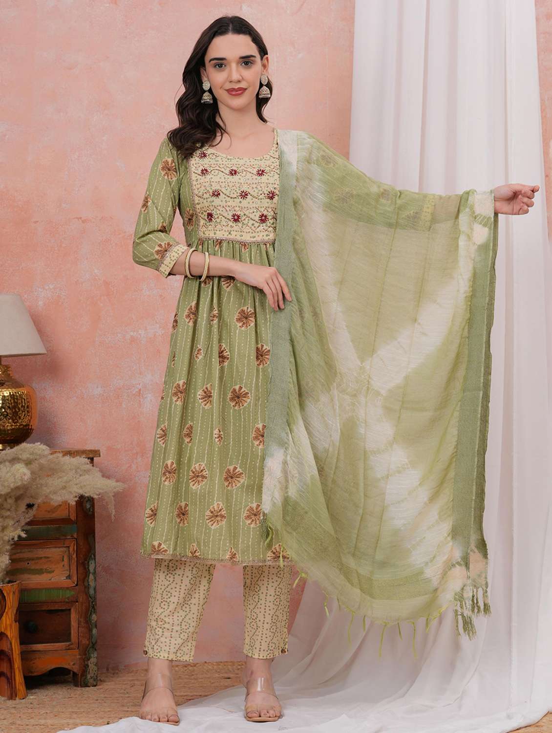 women printed three quarter sleeve kurta pant with dupatta set - 22295854 -  Standard Image - 1
