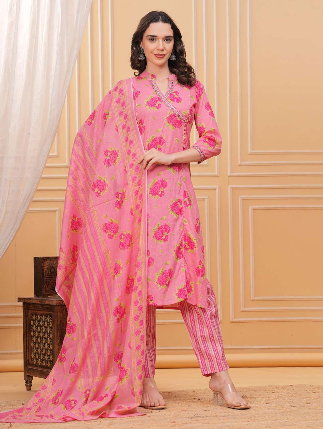 women floral printed three quarter sleeve kurta pant with dupatta set - 22295856 -  Standard Image - 1