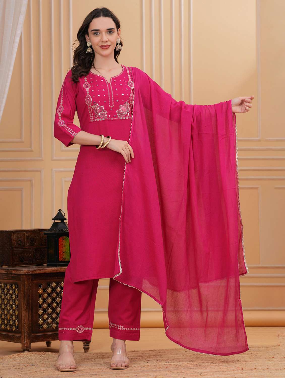 women solid with work three quarter sleeve kurta pant with dupatta set - 22295863 -  Standard Image - 1