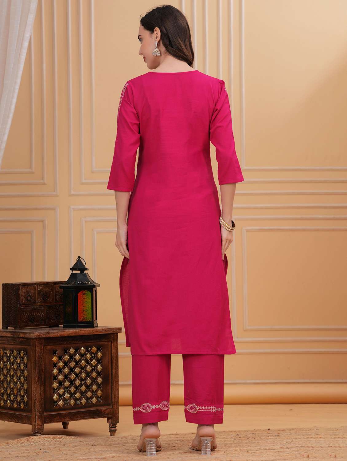 women solid with work three quarter sleeve kurta pant with dupatta set - 22295863 -  Standard Image - 4