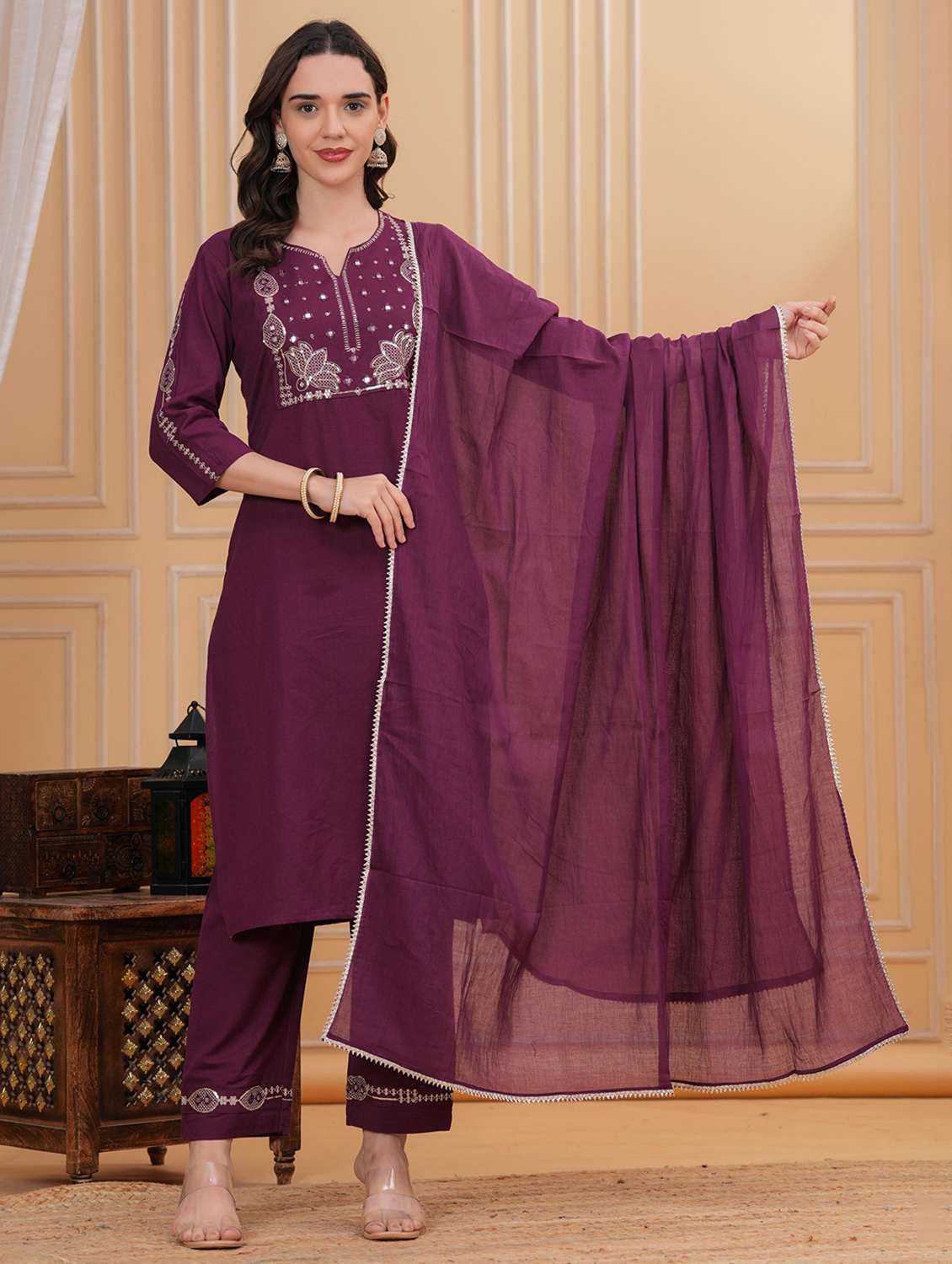 women solid with work three quarter sleeve kurta pant with dupatta set - 22295864 -  Standard Image - 1