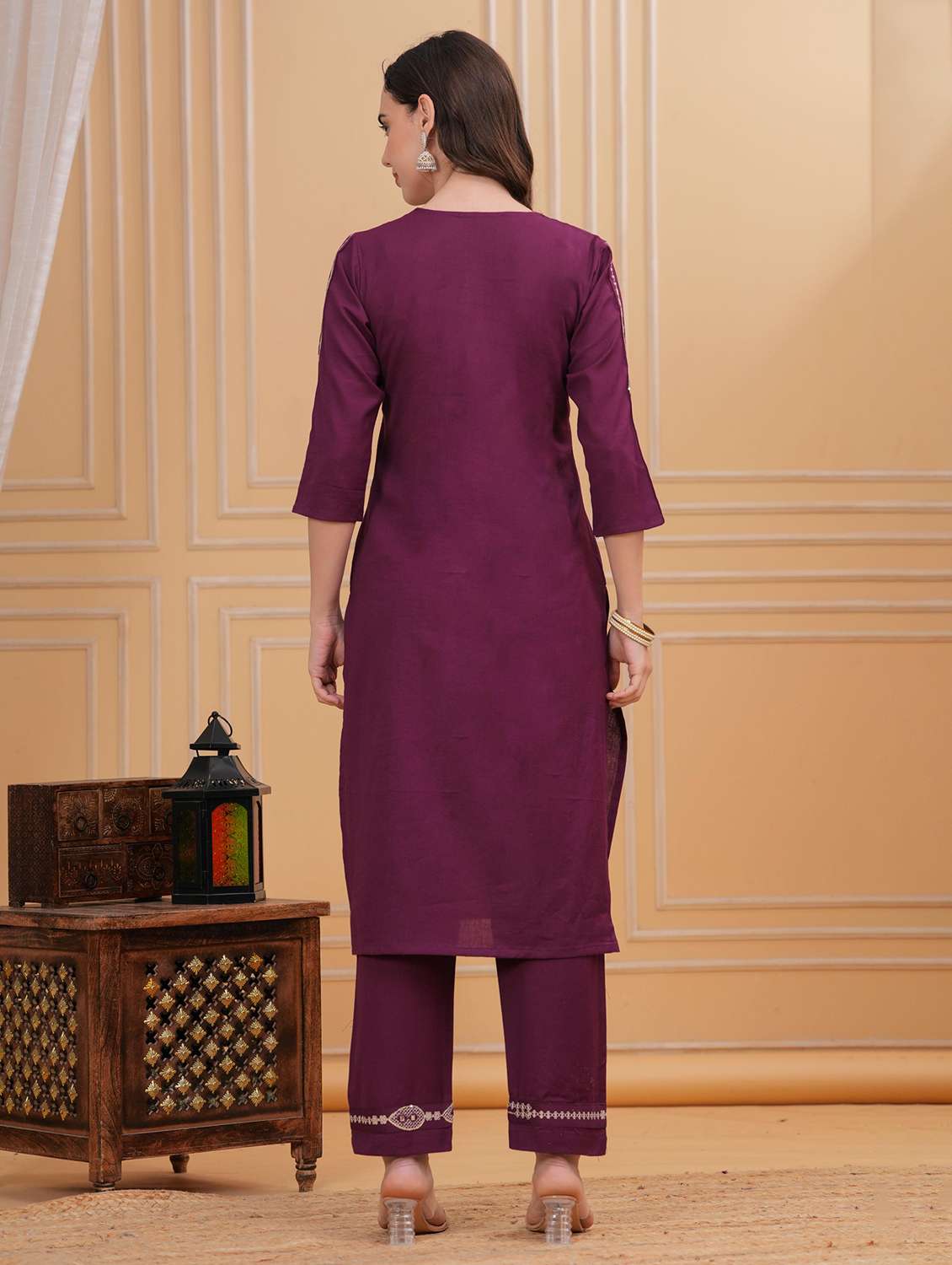 women solid with work three quarter sleeve kurta pant with dupatta set - 22295864 -  Standard Image - 4