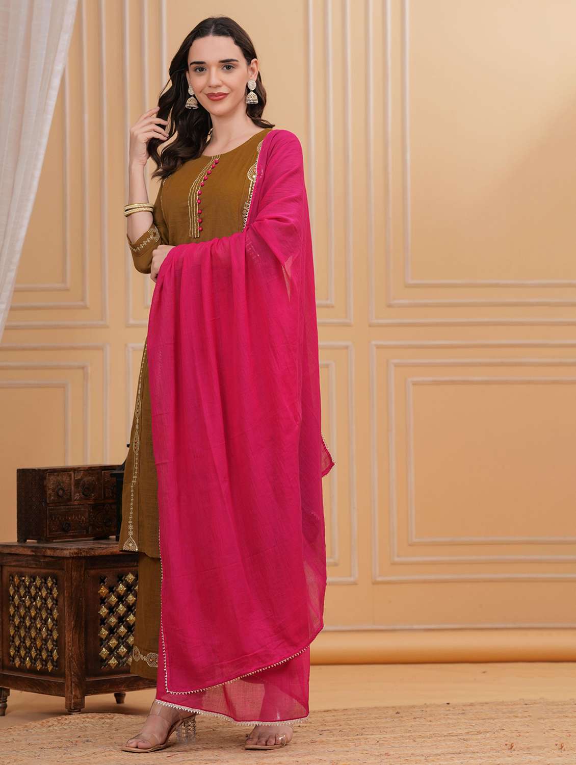 women solid with work three quarter sleeve kurta pant with dupatta set - 22295865 -  Standard Image - 1
