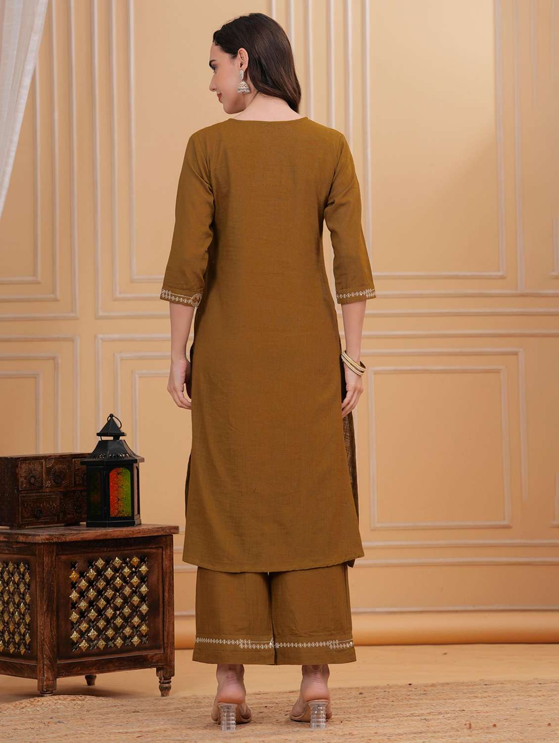 women solid with work three quarter sleeve kurta pant with dupatta set - 22295865 -  Standard Image - 4