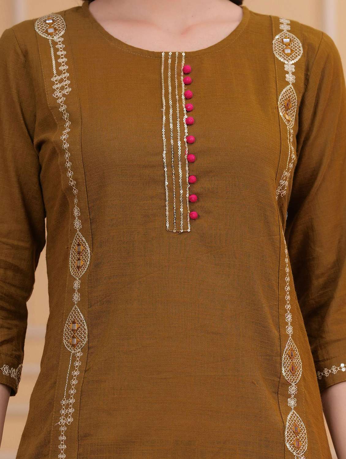 women solid with work three quarter sleeve kurta pant with dupatta set - 22295865 -  Standard Image - 6