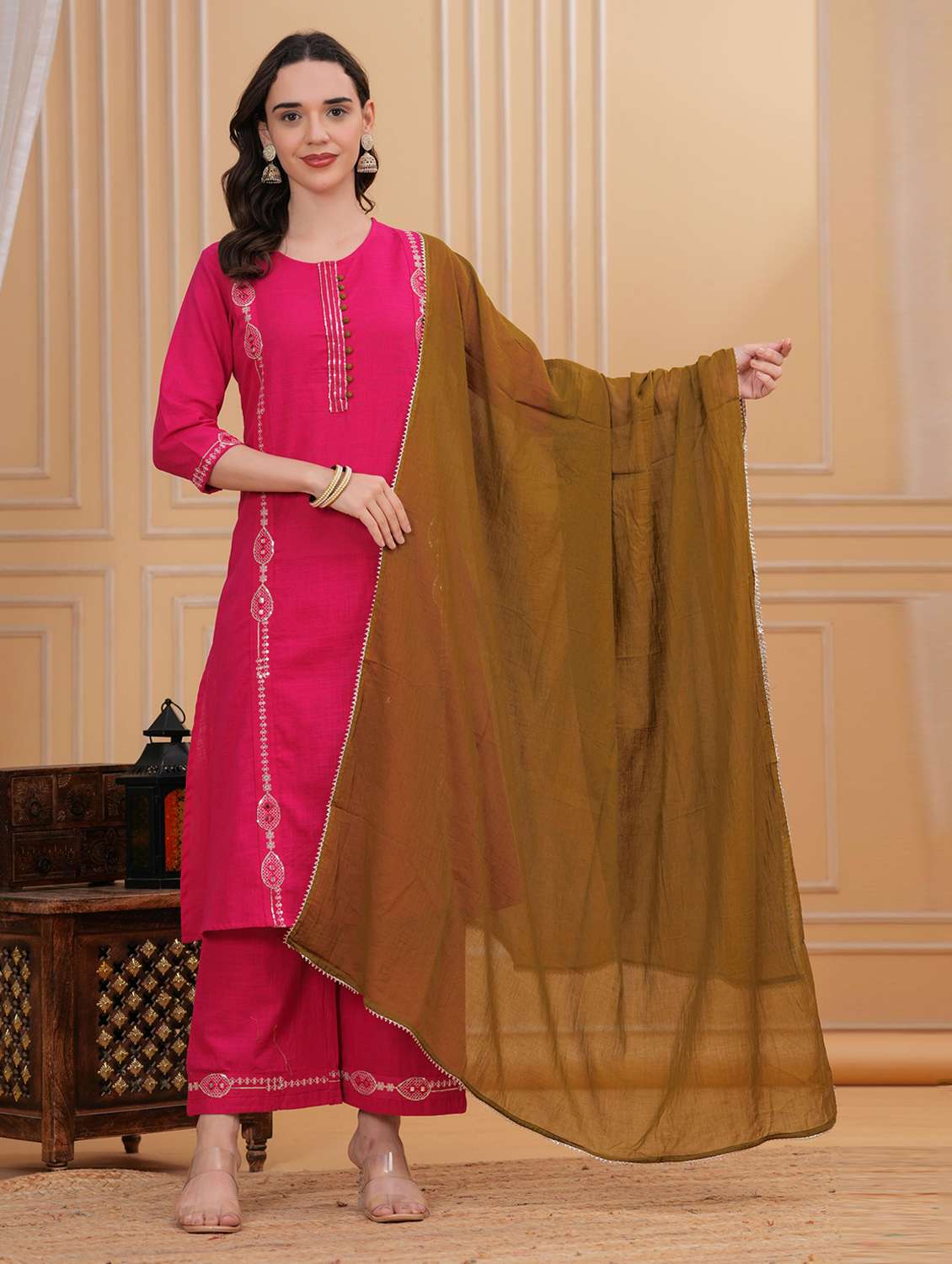 women solid with work three quarter sleeve kurta pant with dupatta set - 22295866 -  Standard Image - 1