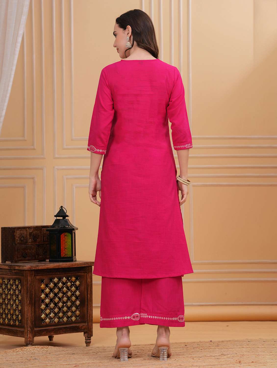 women solid with work three quarter sleeve kurta pant with dupatta set - 22295866 -  Standard Image - 4