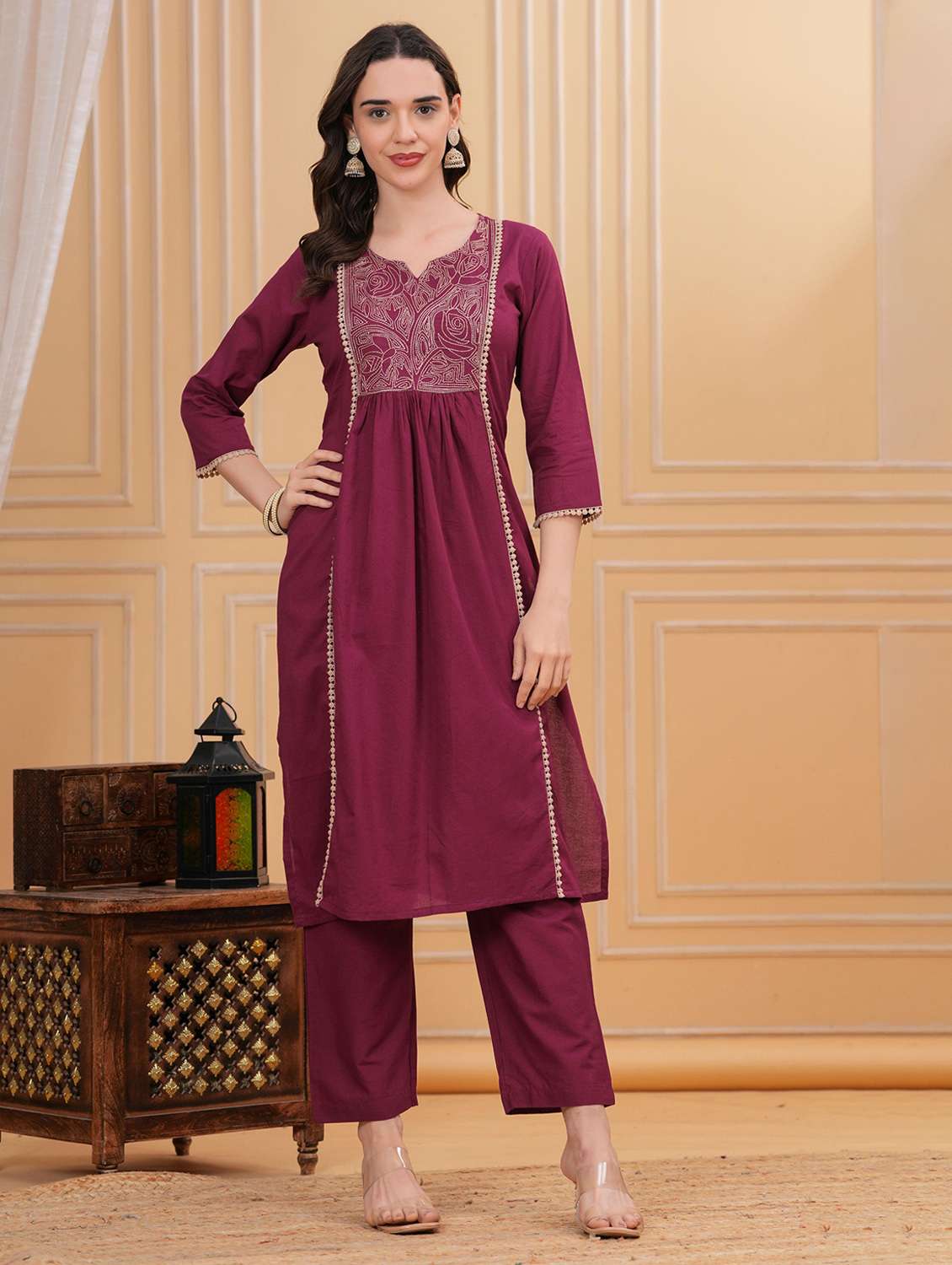 women solid with work three quarter sleeve kurta pant set - 22295867 -  Standard Image - 1