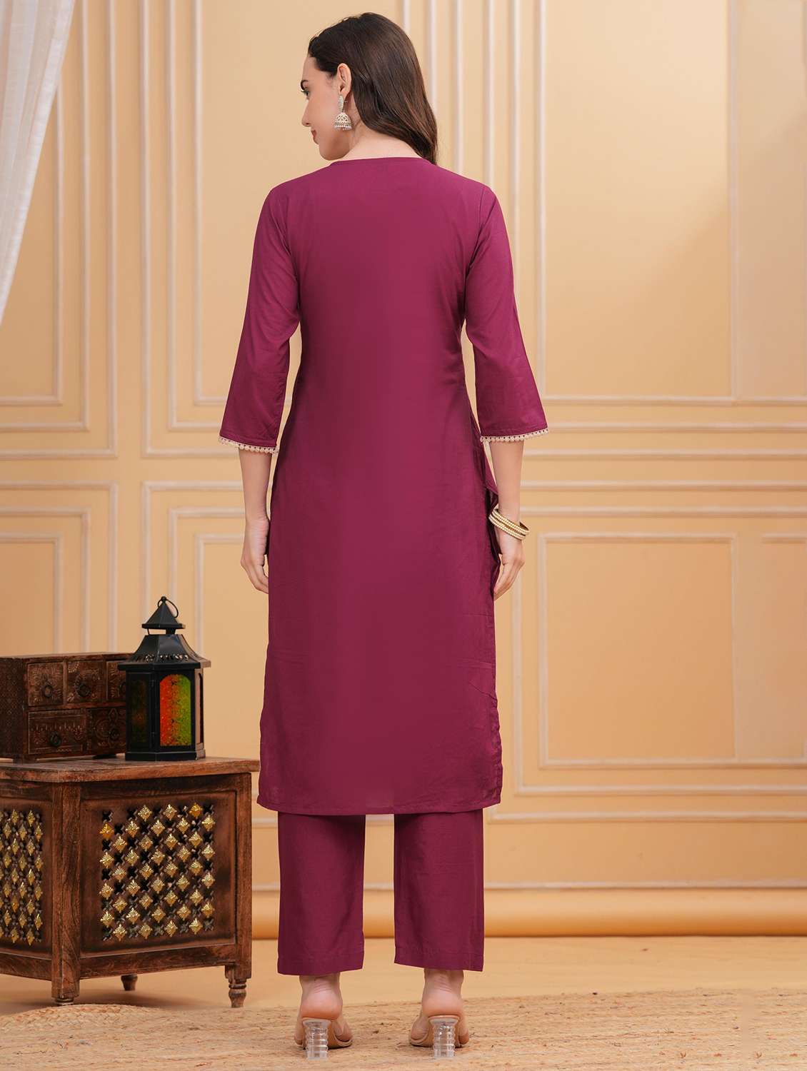 women solid with work three quarter sleeve kurta pant set - 22295867 -  Standard Image - 4