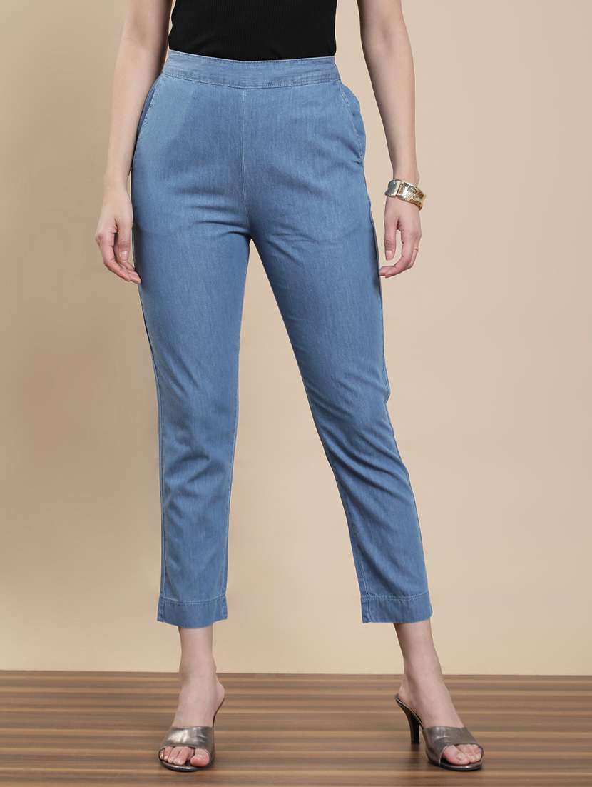 Women Solid Mid Rise Cigarette Pants - 22295880 -  Standard Image - 1