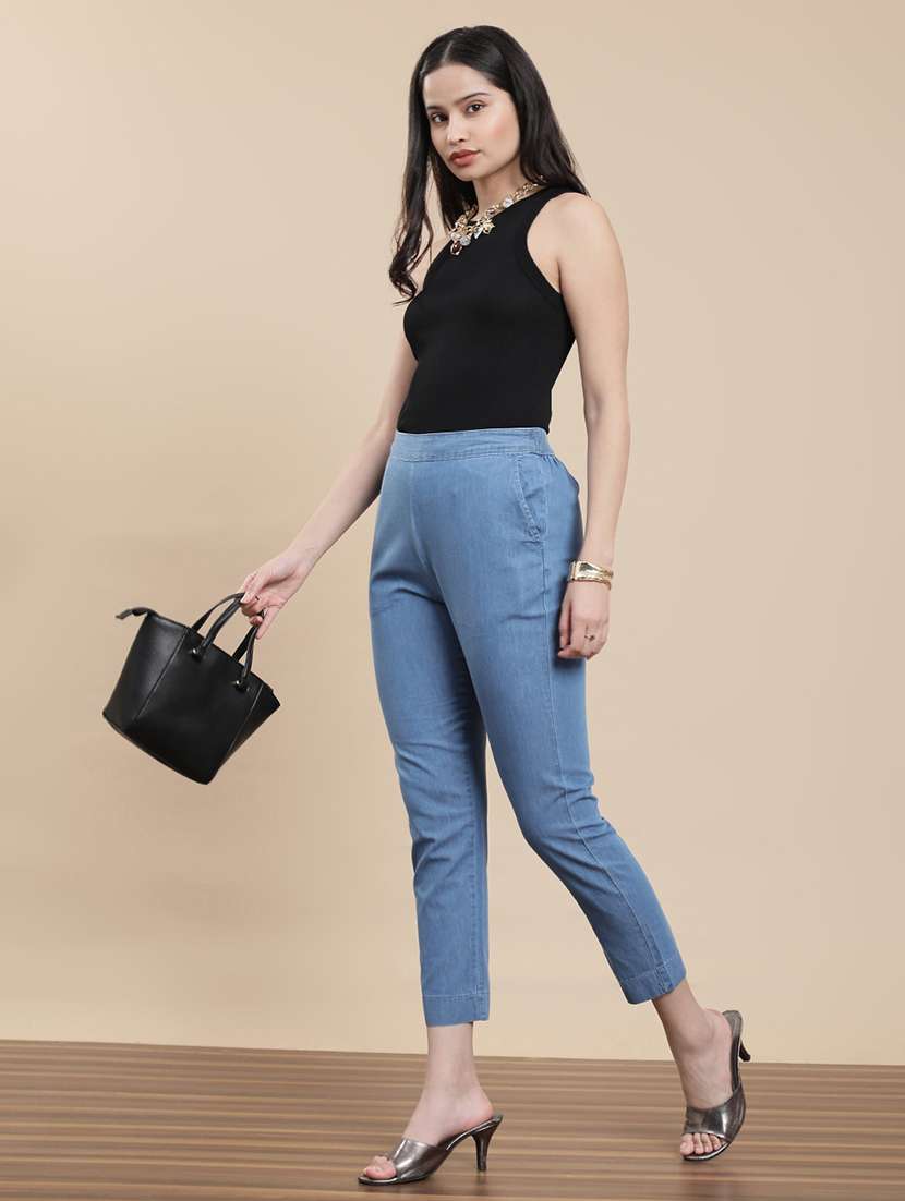 Women Solid Mid Rise Cigarette Pants - 22295880 -  Standard Image - 4