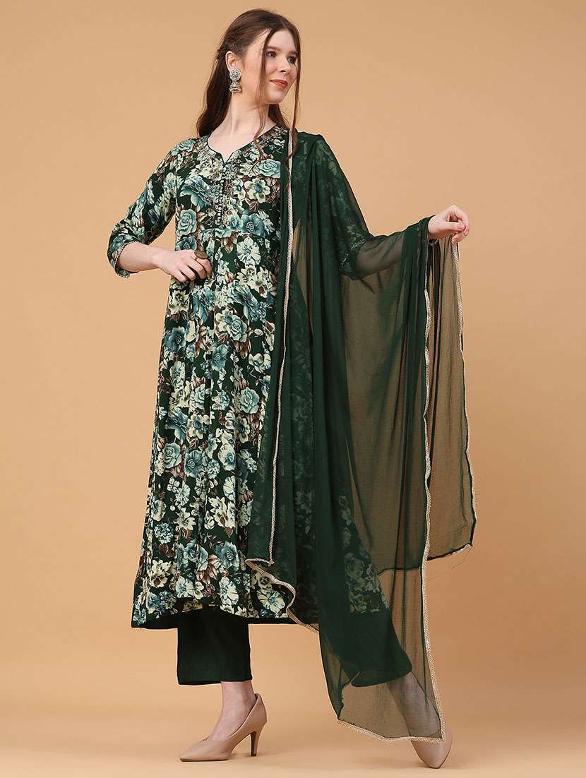 women floral three quarter sleeve kurta pant with dupatta set