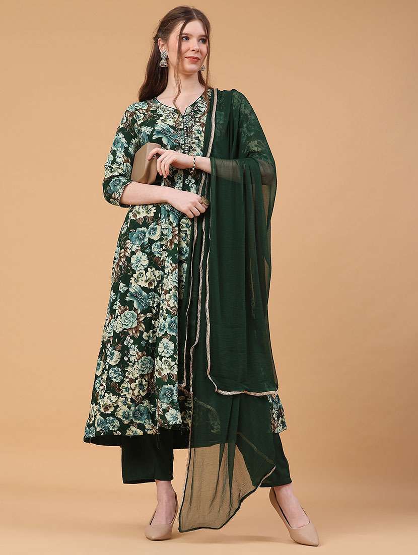 women floral three quarter sleeve kurta pant with dupatta set - 22296185 -  Standard Image - 1