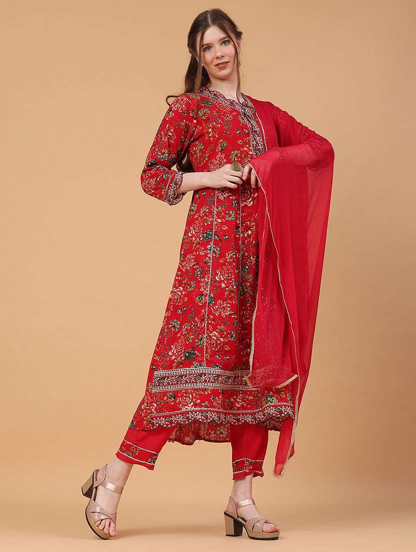 women floral three quarter sleeve kurta pant with dupatta set - 22296199 -  Standard Image - 1