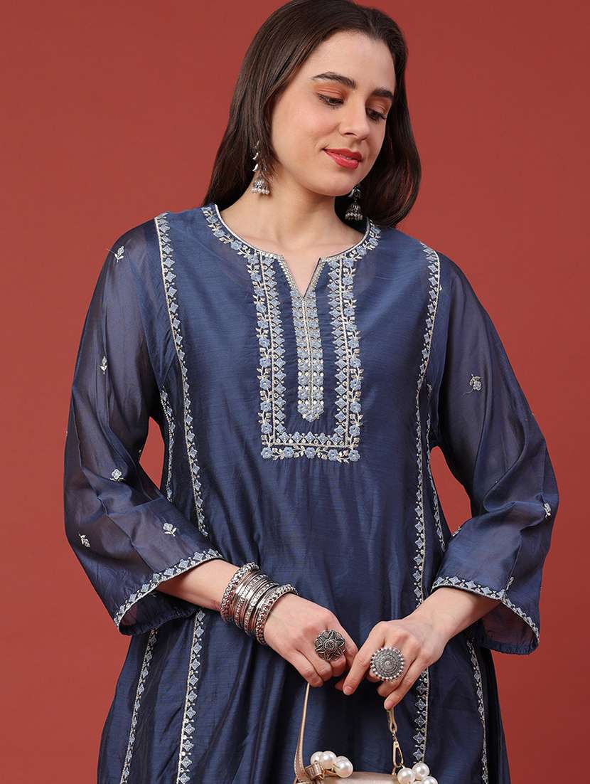 women embroidered three quarter sleeves kurta pant set - 22296567 -  Standard Image - 1