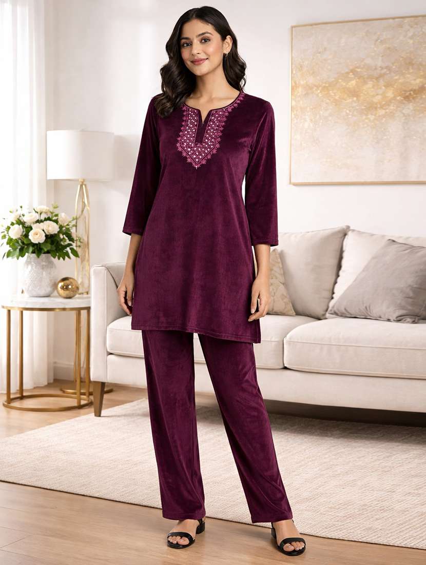 women solid three quarter sleeve velet co-ord set - 22297186 -  Standard Image - 1