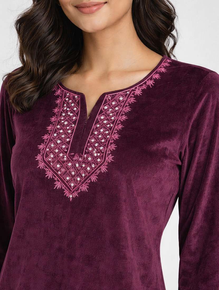 women solid three quarter sleeve velet co-ord set - 22297186 -  Standard Image - 4