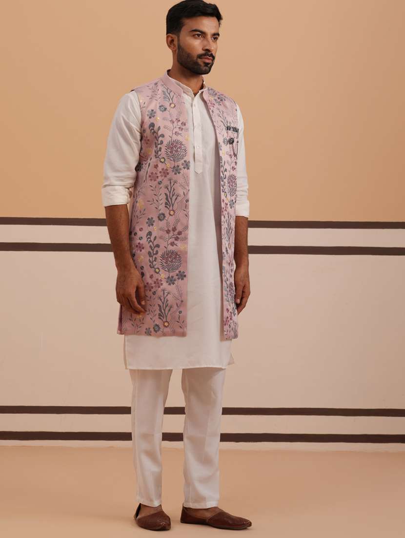 men solid with work mandarin neck kurta pyjama with jacket ethnic wear set - 22297235 -  Standard Image - 1