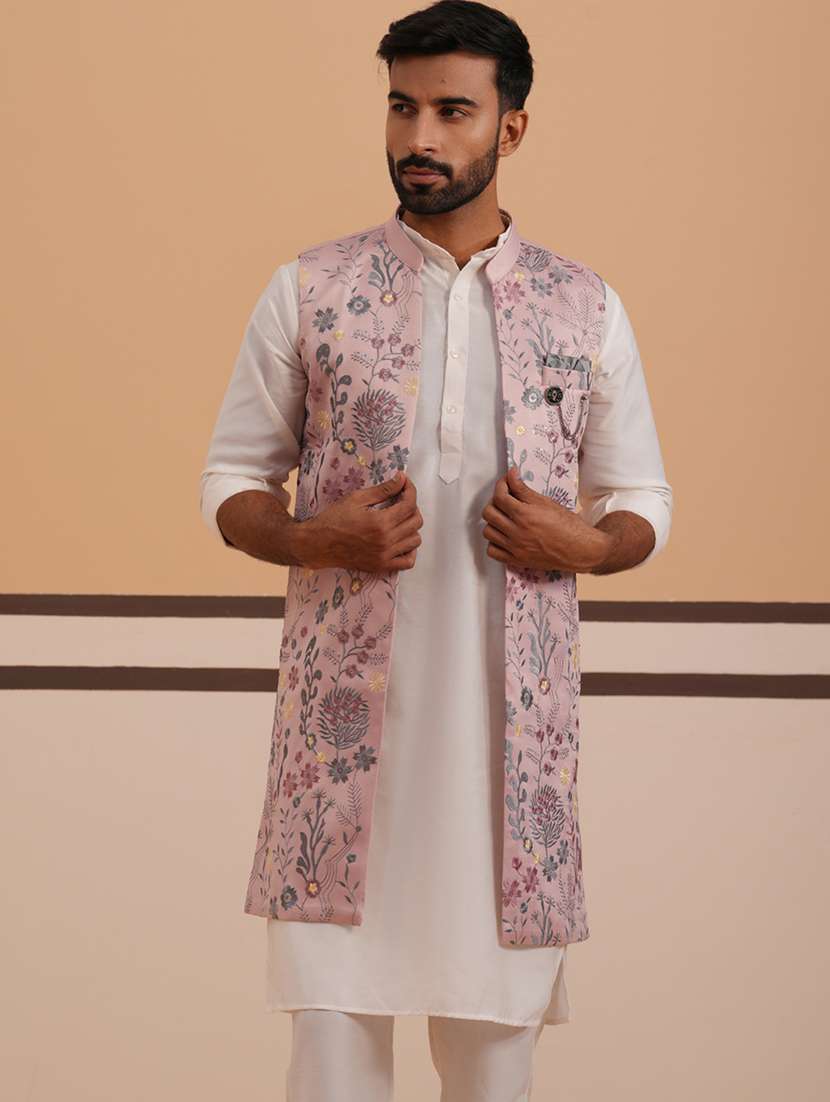 men solid with work mandarin neck kurta pyjama with jacket ethnic wear set - 22297235 -  Standard Image - 4