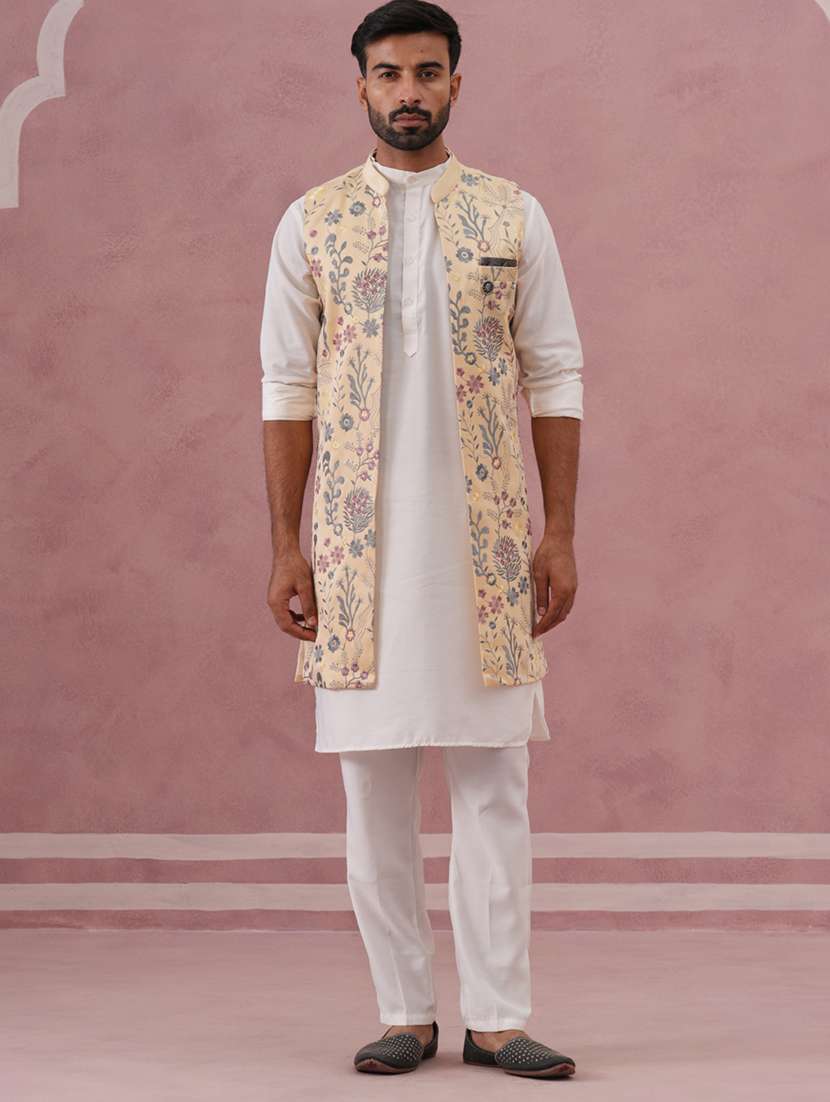 men solid with work mandarin neck kurta pyjama with jacket ethnic wear set