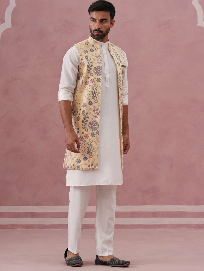 men solid with work mandarin neck kurta pyjama with jacket ethnic wear set - 22297237 -  Standard Image - 1