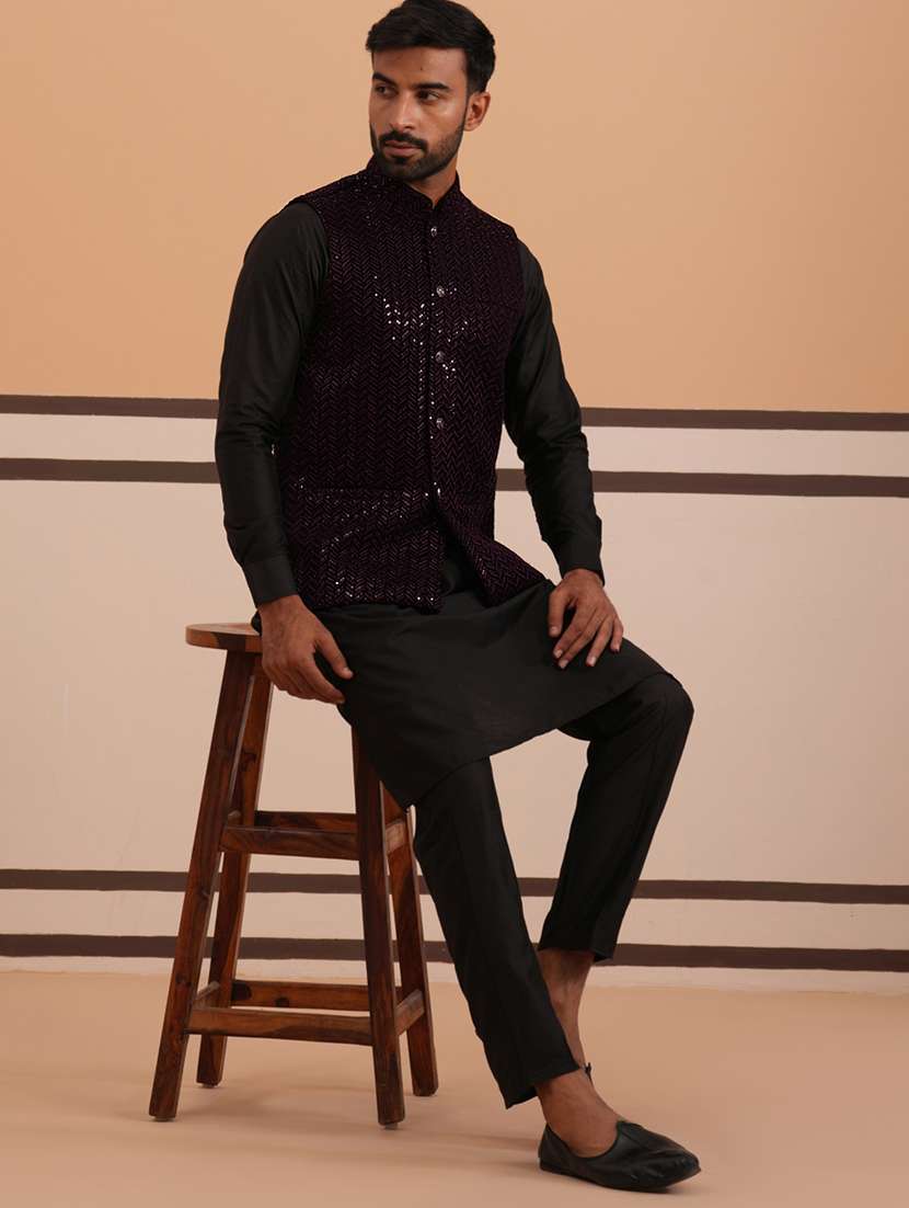 men solid with work mandarin neck kurta pyjama with jacket ethnic wear set